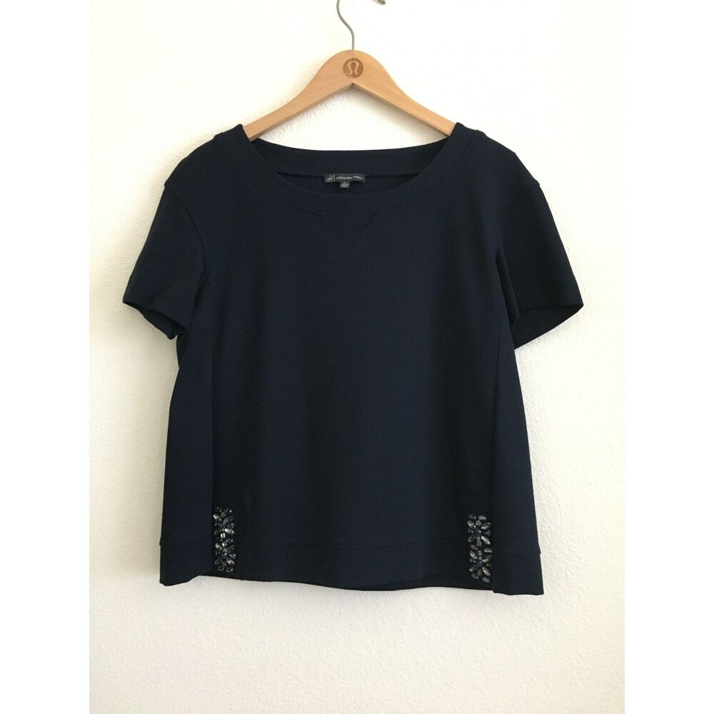 Adrianna Papell Navy Blue Rhinestone Embellished Short Sleeve Top Size M